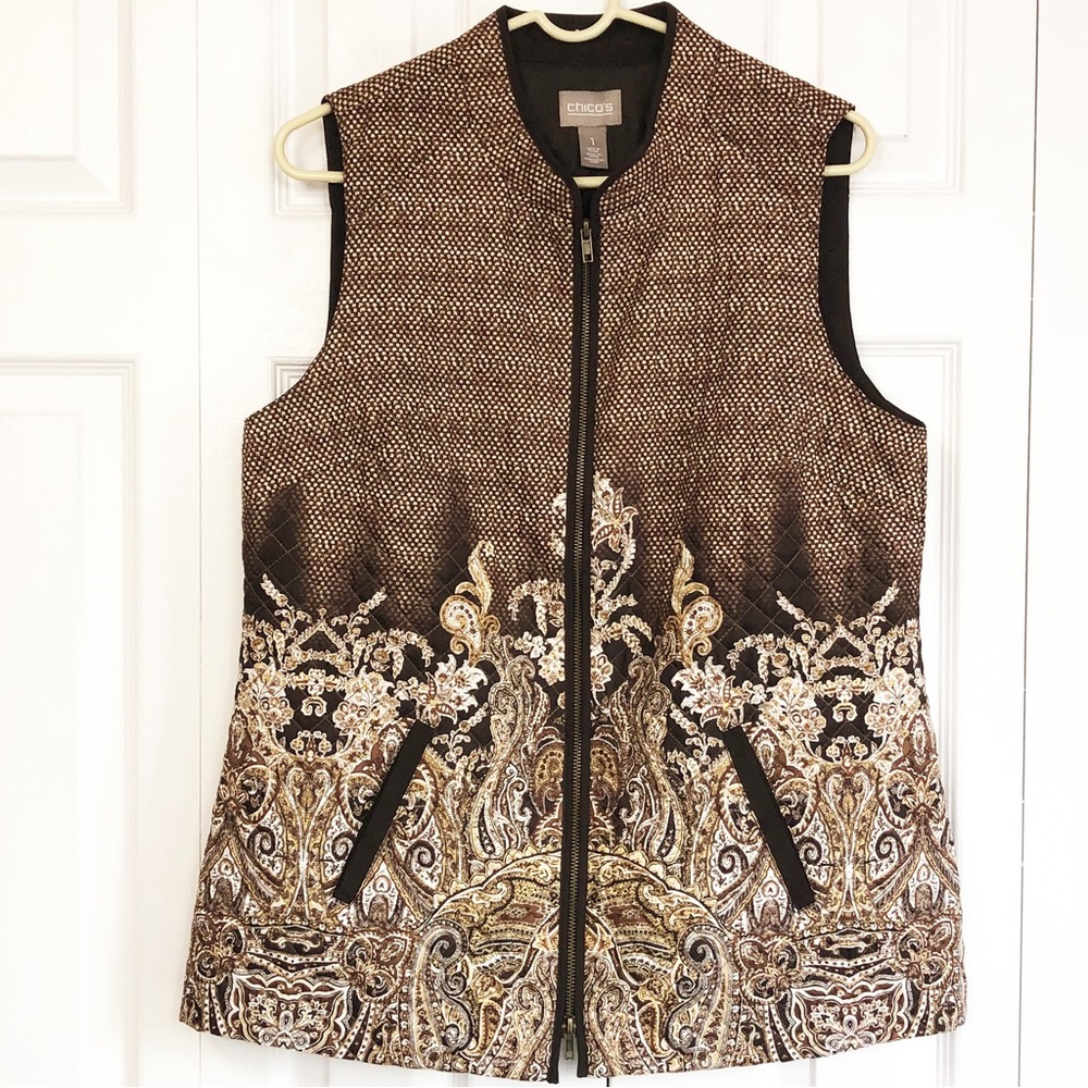 Chico's Brown Multi Paisley Print Sleeveless Zip Quilted Vest Medium